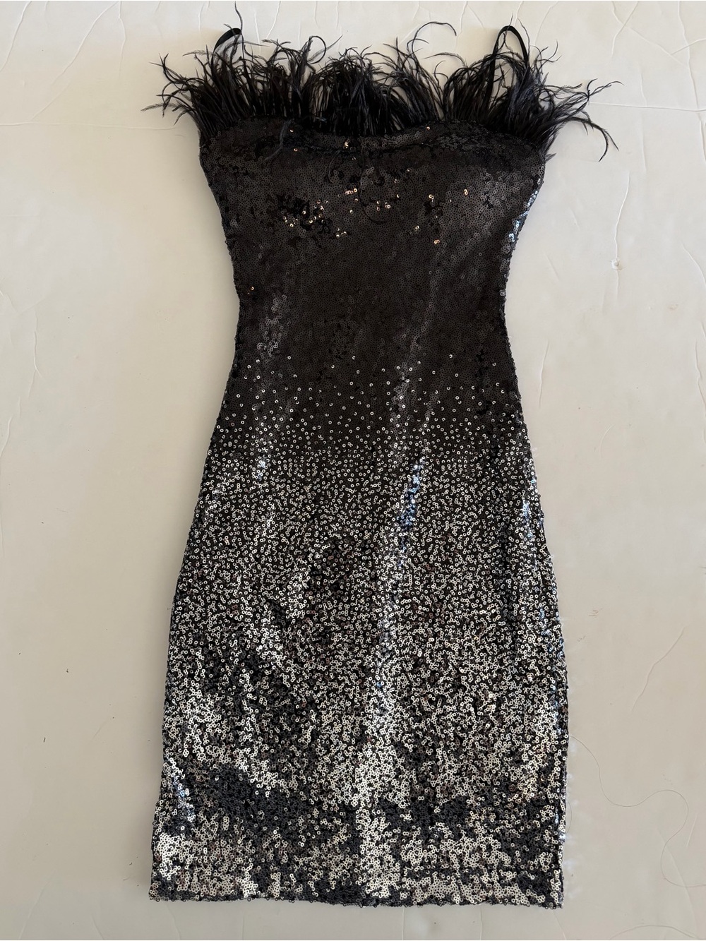 B Darlin Black & Silver Sequin Strapless Feather Trim Dress